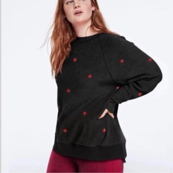 PINK Victoria's Secret Tops - Victoria Secret pink embroidered red roses black fleece sweatshirt